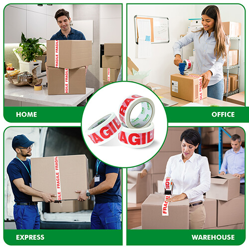 4 - Clover Packaging Ltd Fragile Tape Illustration of Different Uses at Home, Office, Express and Warehouse